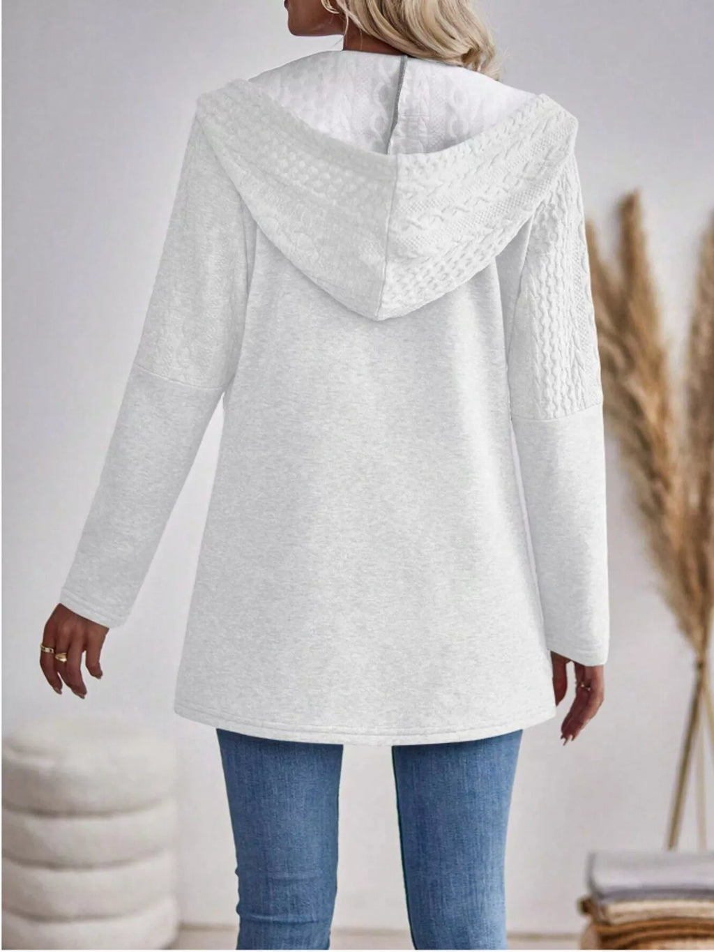 Drawstring Textured Zip Up Drawstring Hooded Jacket