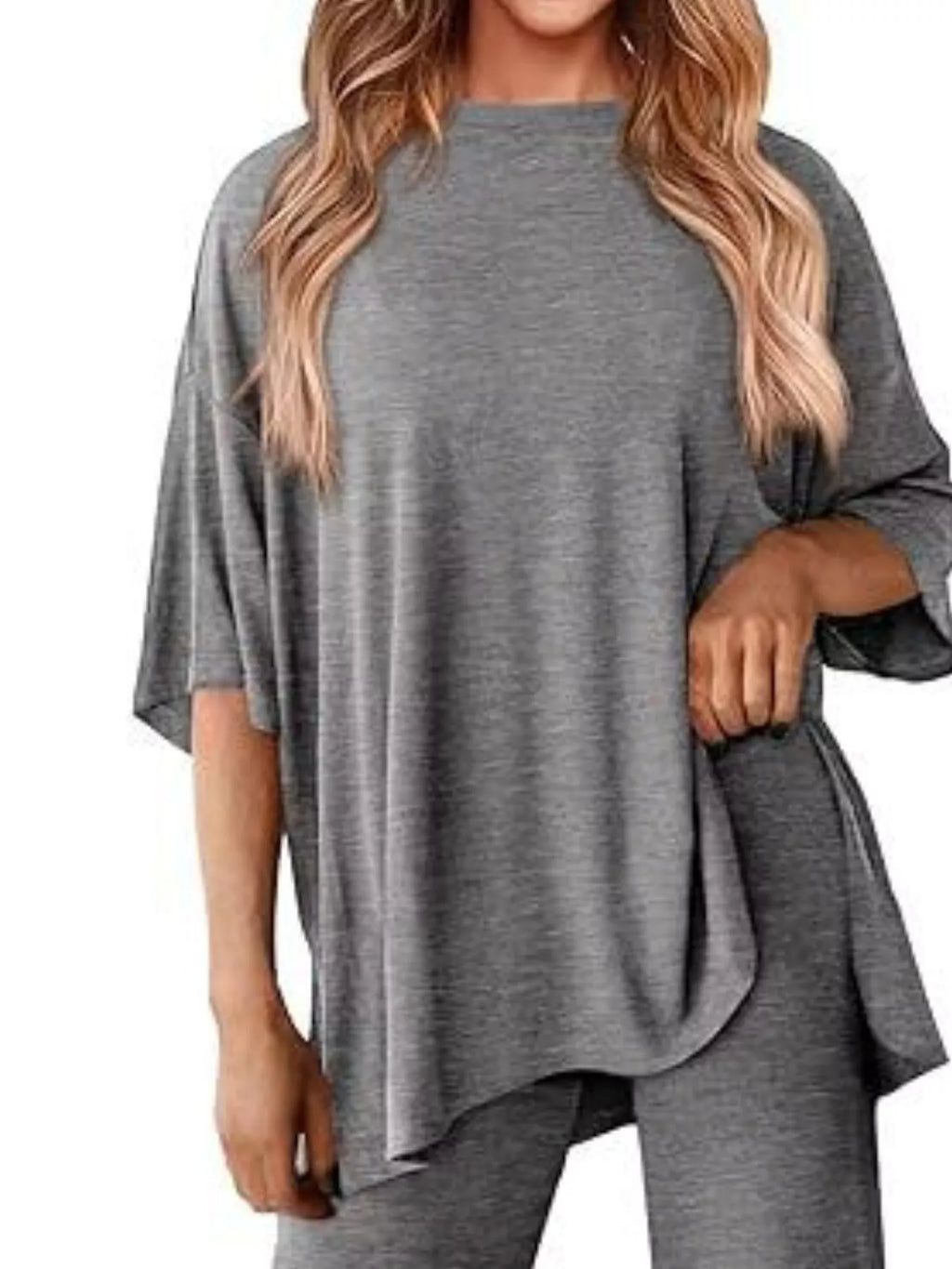 Slit Round Neck Top and Pants Set