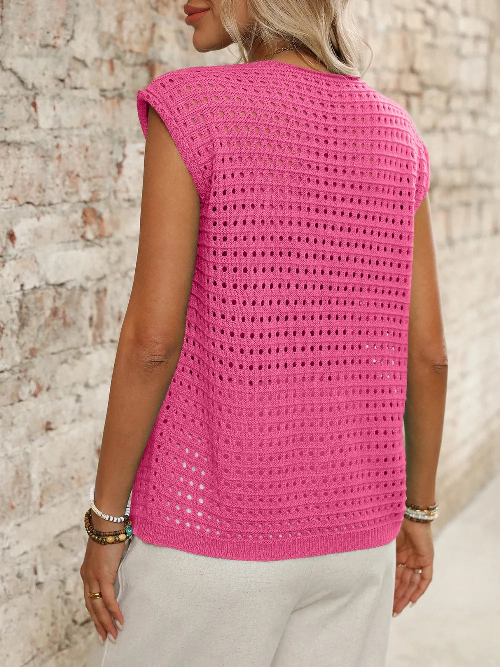 Tied Front Openwork V-Neck Knit Top