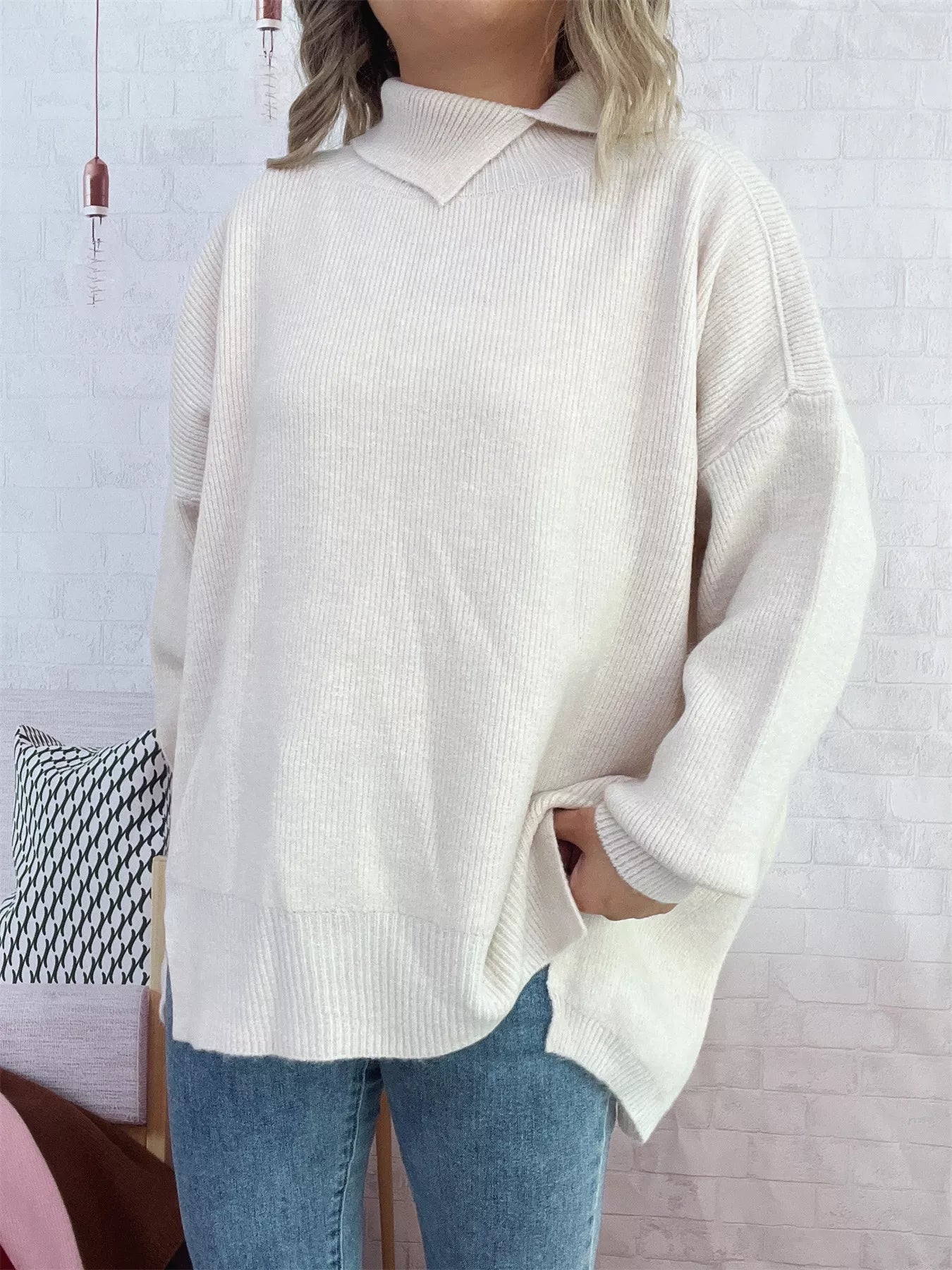 Slit Turtleneck Long Sleeve Sweater