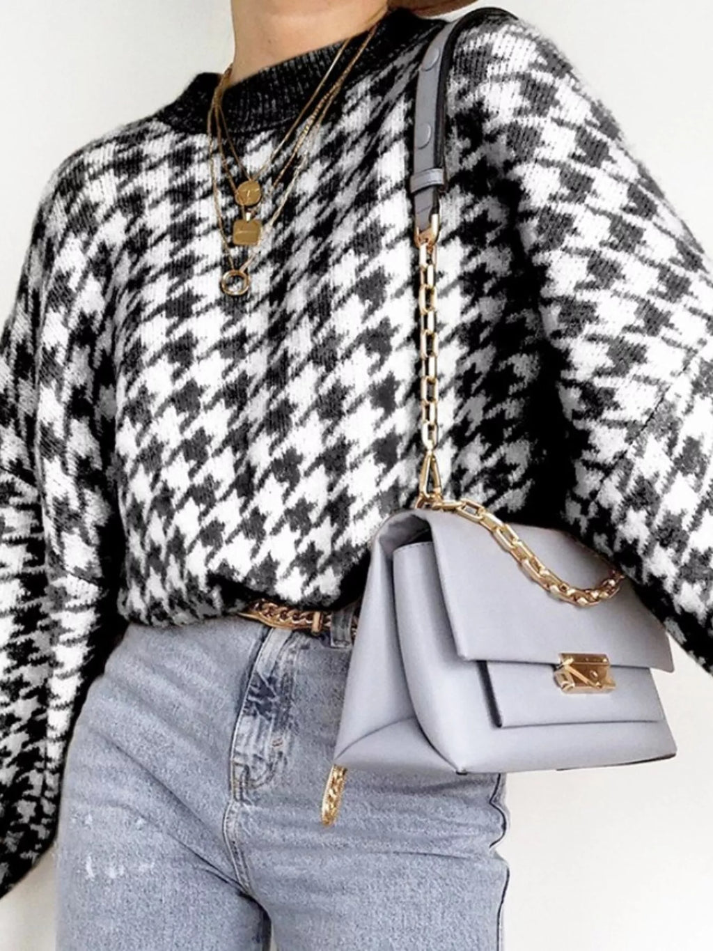 Full Size Houndstooth Pattern Oversized Sweater Plus Size