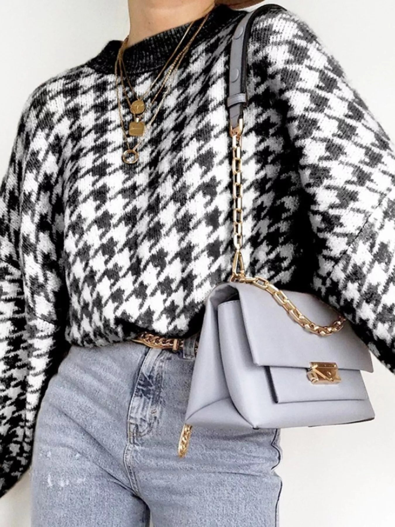 Full Size Houndstooth Pattern Oversized Sweater Plus Size