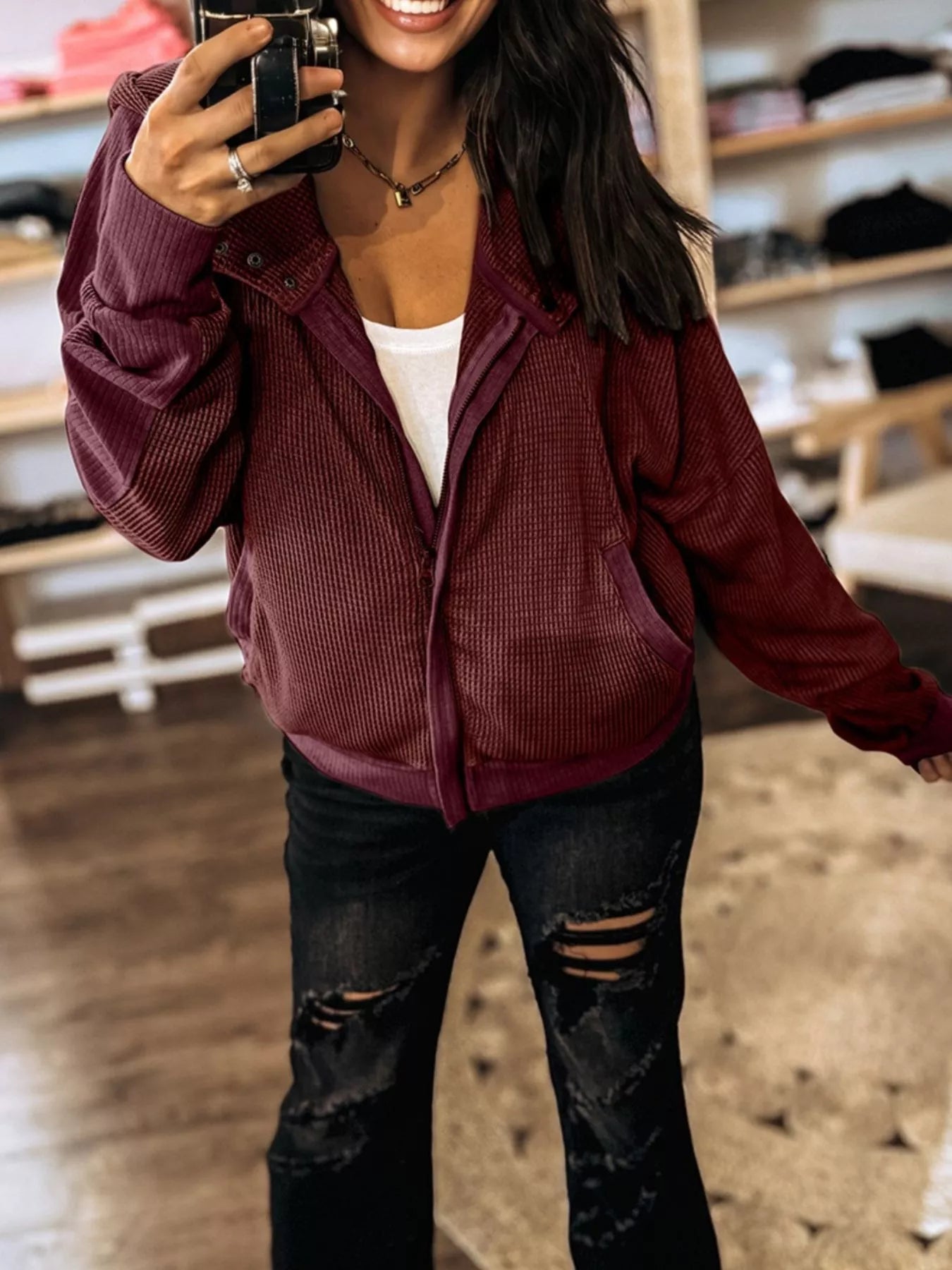 Waffle Zip Up Hooded Jacket with Pockets