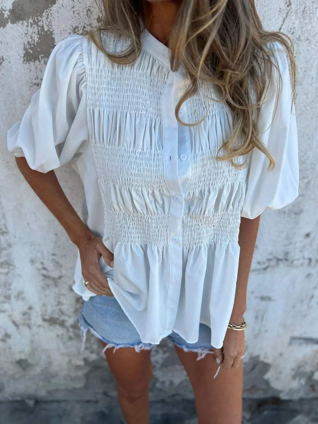 Full Size Smocked Puff Sleeve Blouse Plus Size