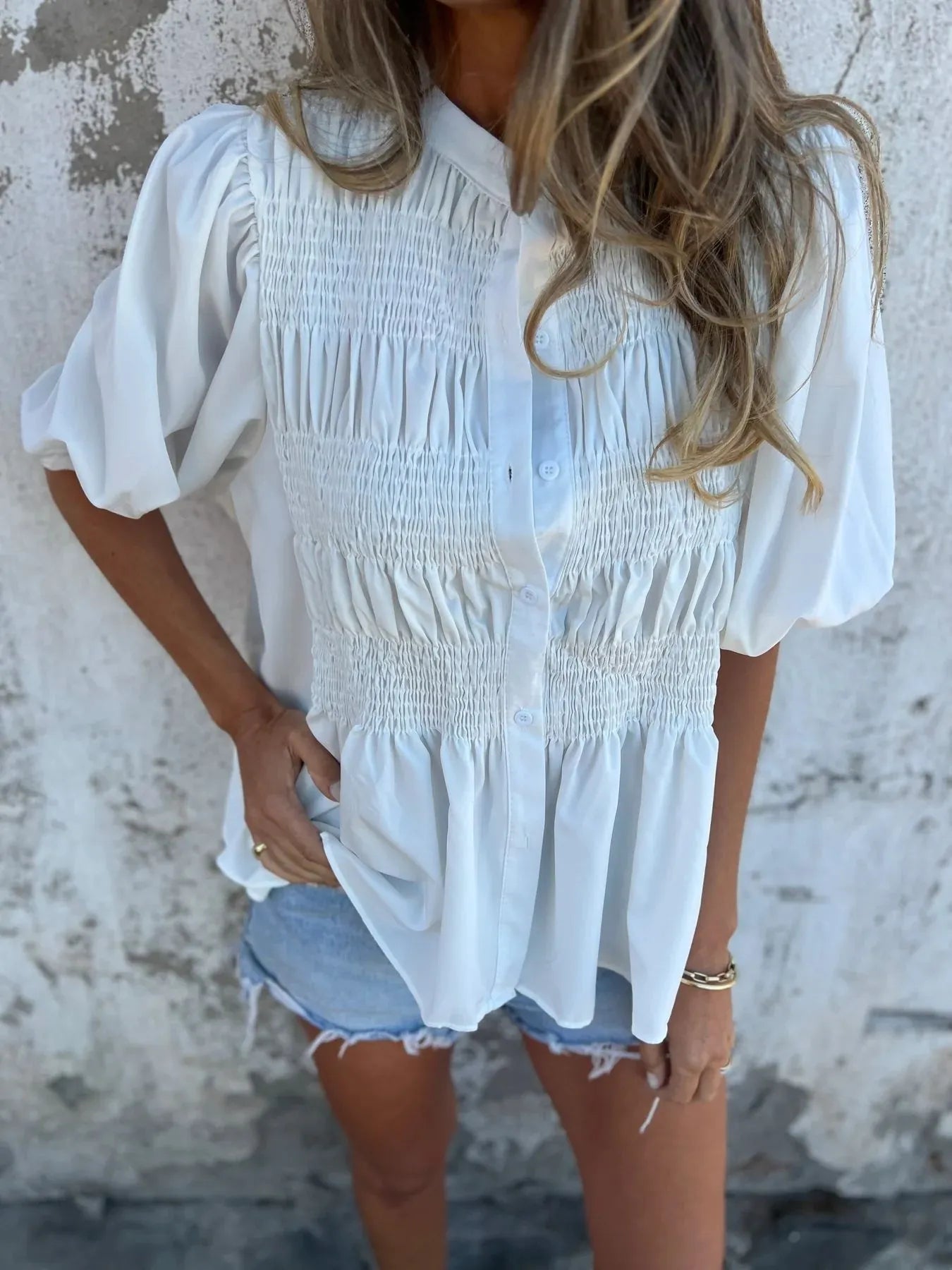 Full Size Smocked Puff Sleeve Blouse Plus Size