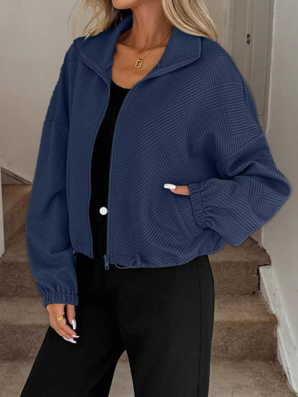 Drawstring Hem Textured Long Sleeve Jacket