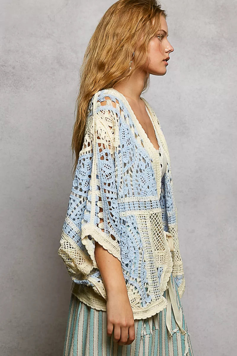 POL Open Front Crochet Cardigan with Scalloped Edge