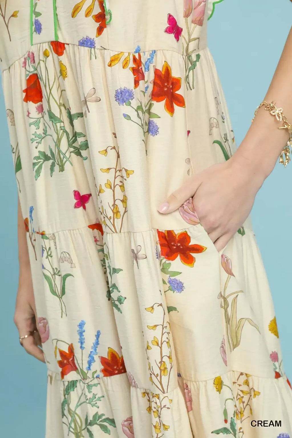 Umgee Floral Ruffle Tiered Midi Dress with Scalloped Detail