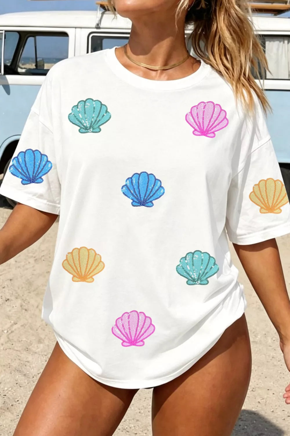 Sequin Shell Graphic Summer Loose T Shirt
