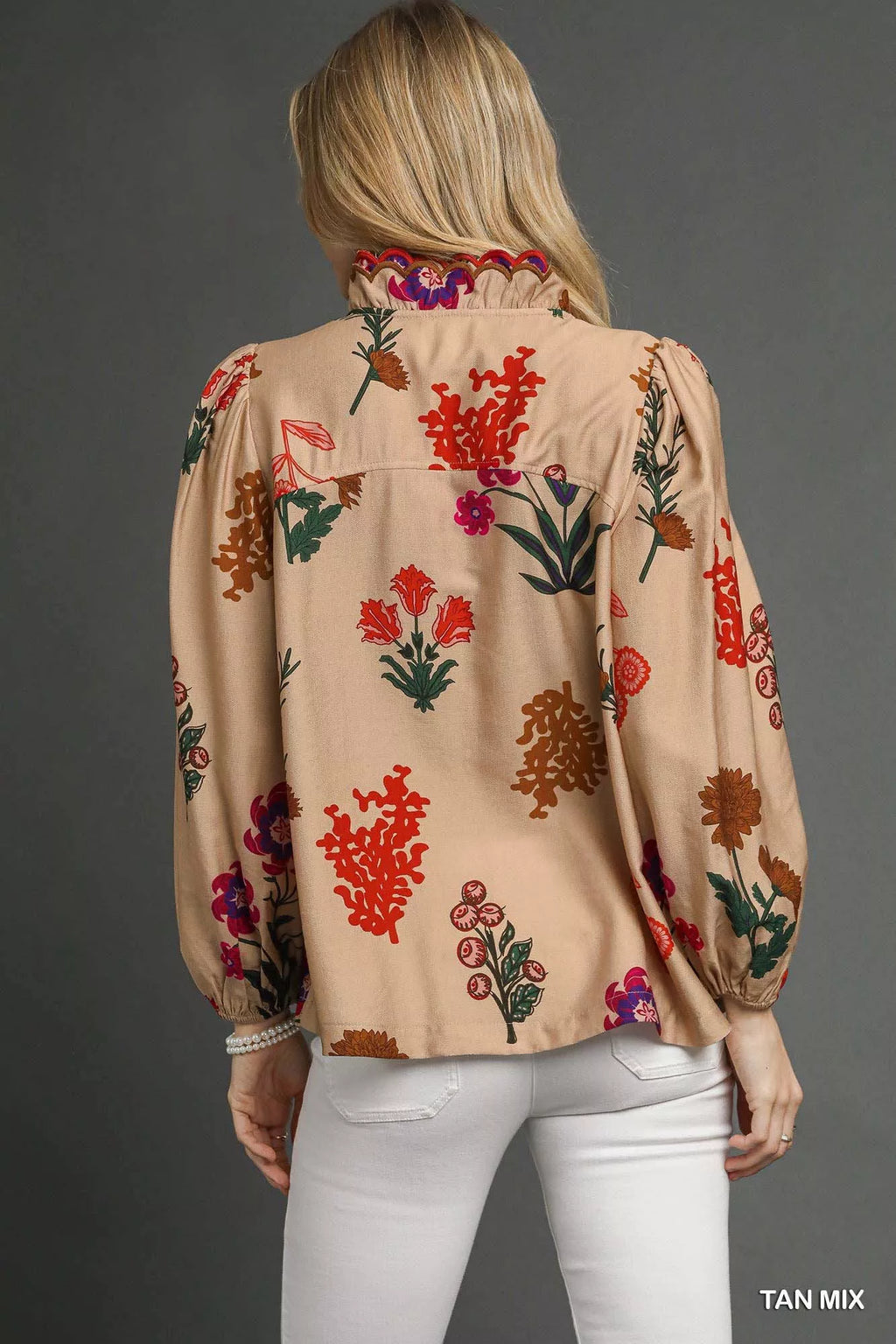 Umgee Flower Print Blouse with Scalloped Neckline