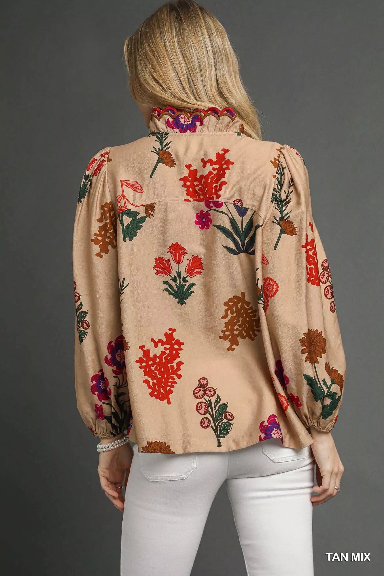 Umgee Flower Print Blouse with Scalloped Neckline