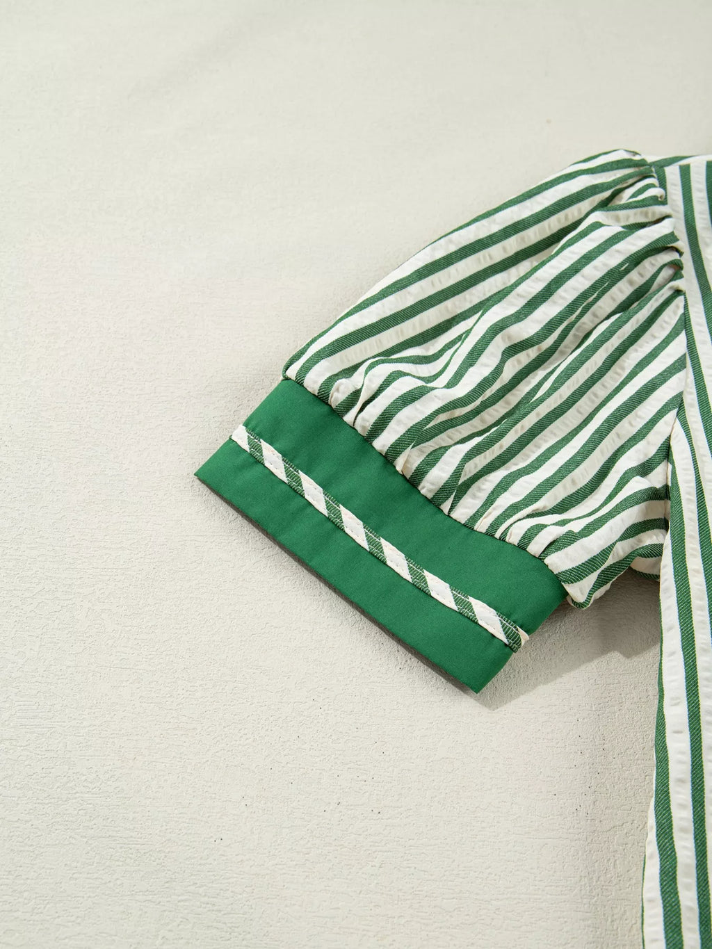 Stripe Collared Split Neck Short Bubble Sleeve Blouse