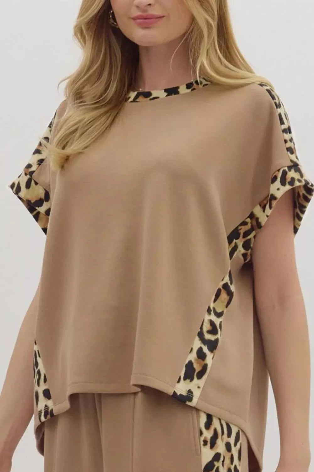 Light French Leopard Trim Round Neck Loose T Shirt