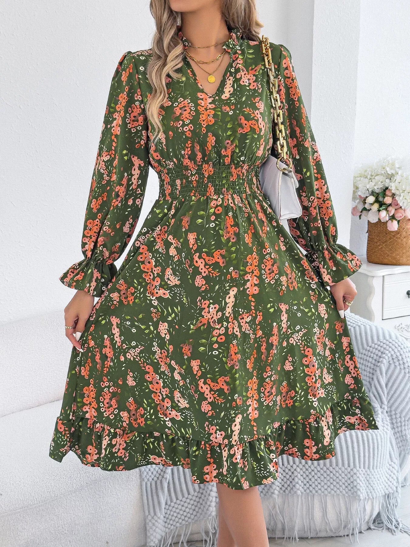 Floral Print Ruffle Hem Flounce Sleeve A-Line Dress