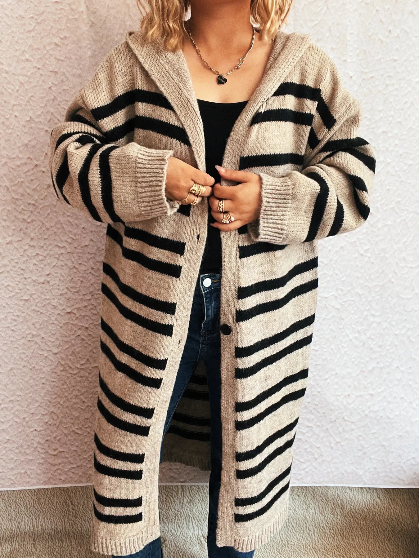 Striped Open Front Hooded Cardigan