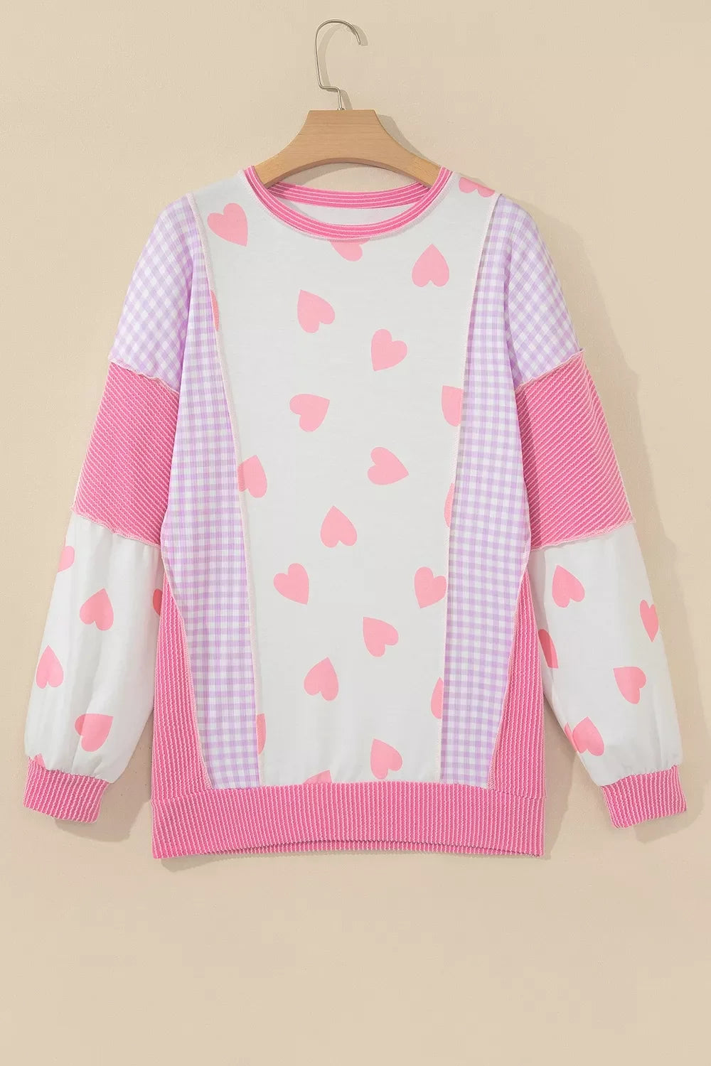 Heart Pattern Colorblock Ribbed Detail Side Slit Top
