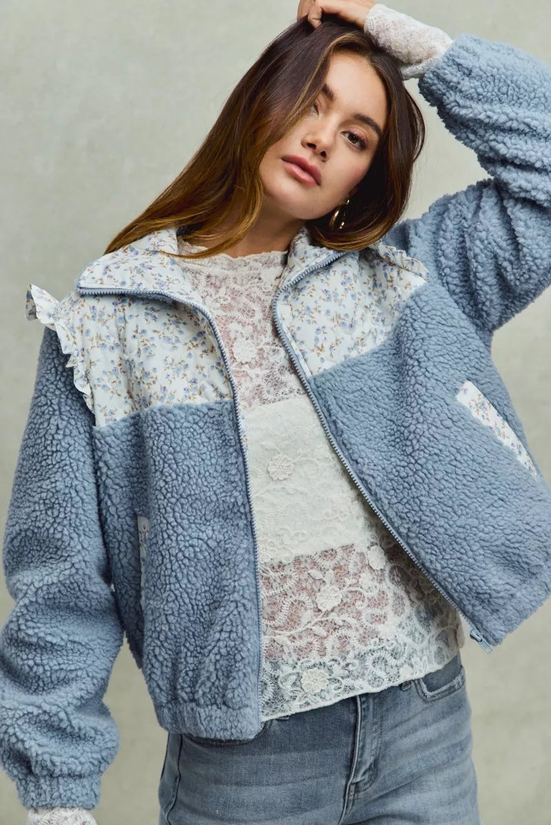 SO ME Faux Fur Sherpa Pull Jacket with Floral Contrast