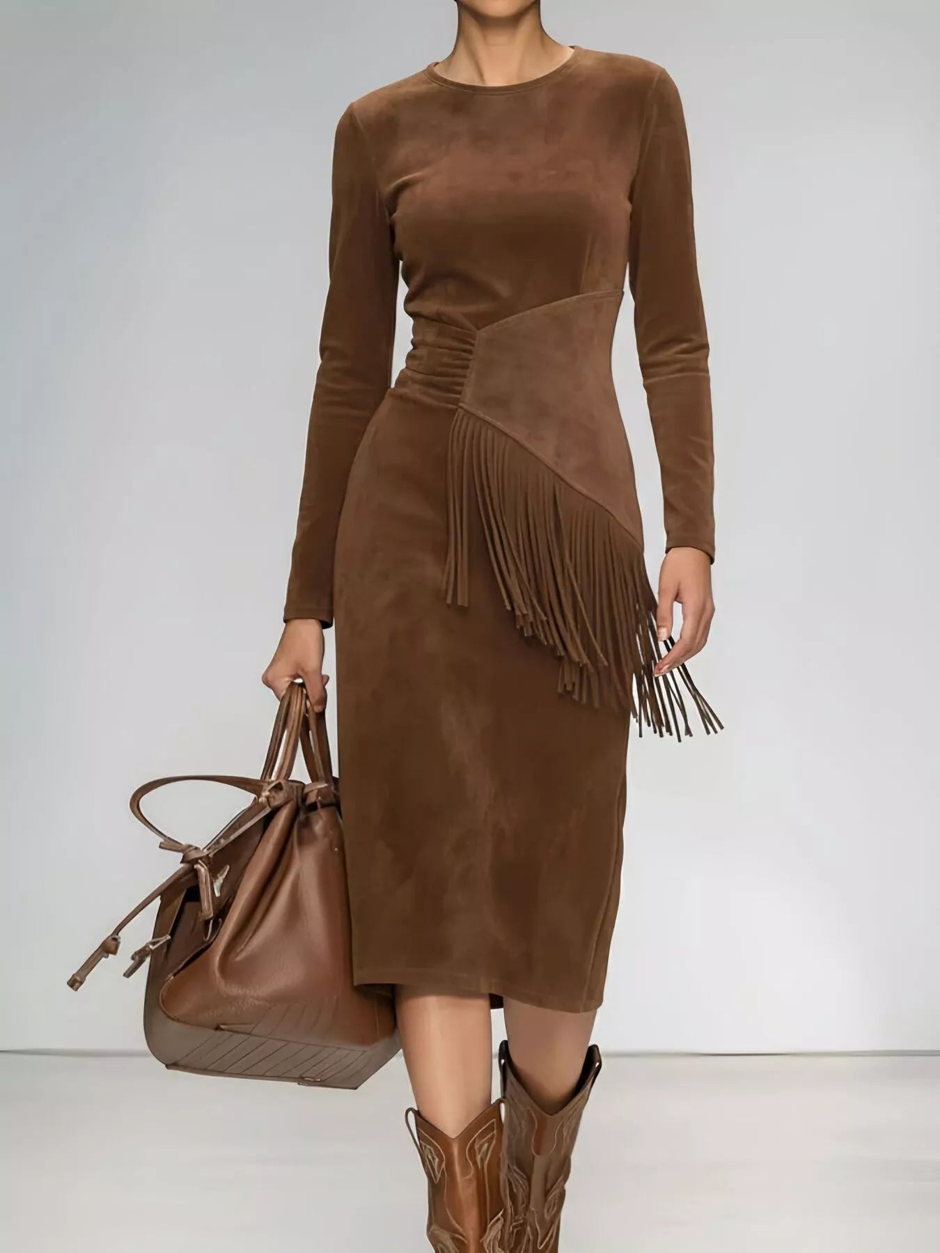 Suede Fringe Long Sleeve Midi Dress
