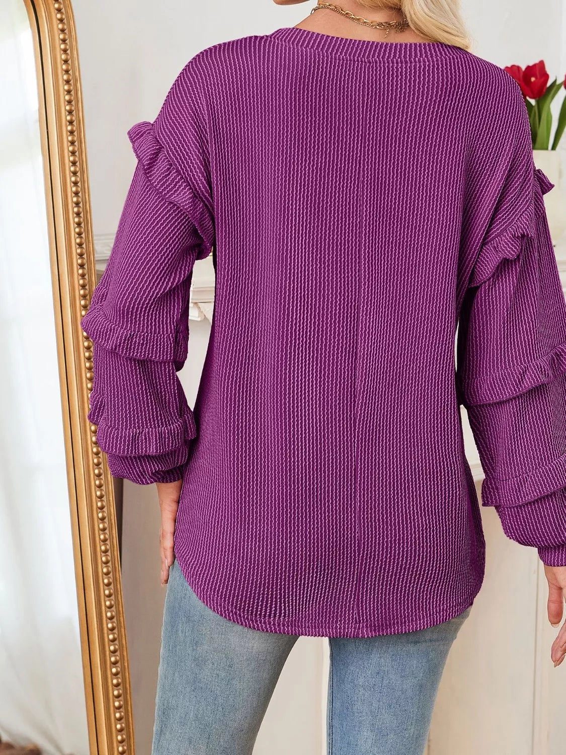 Ruffled Long Sleeve Knit T-Shirt