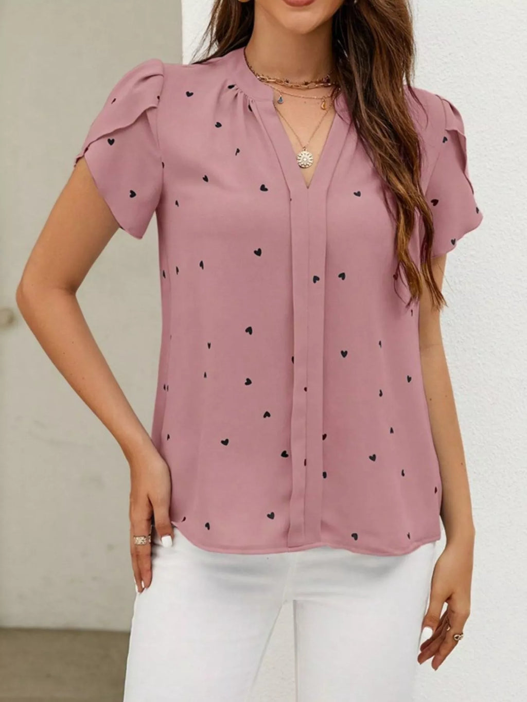 Heart Print Petal Sleeve Blouse