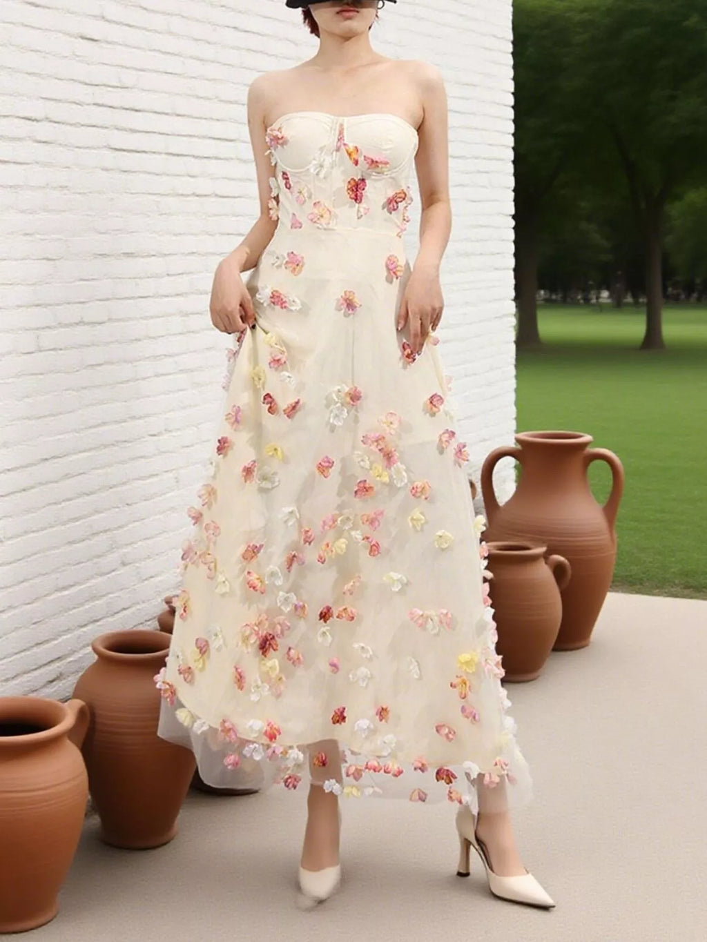 Floral Applique Strapless Tulle Maxi Dress