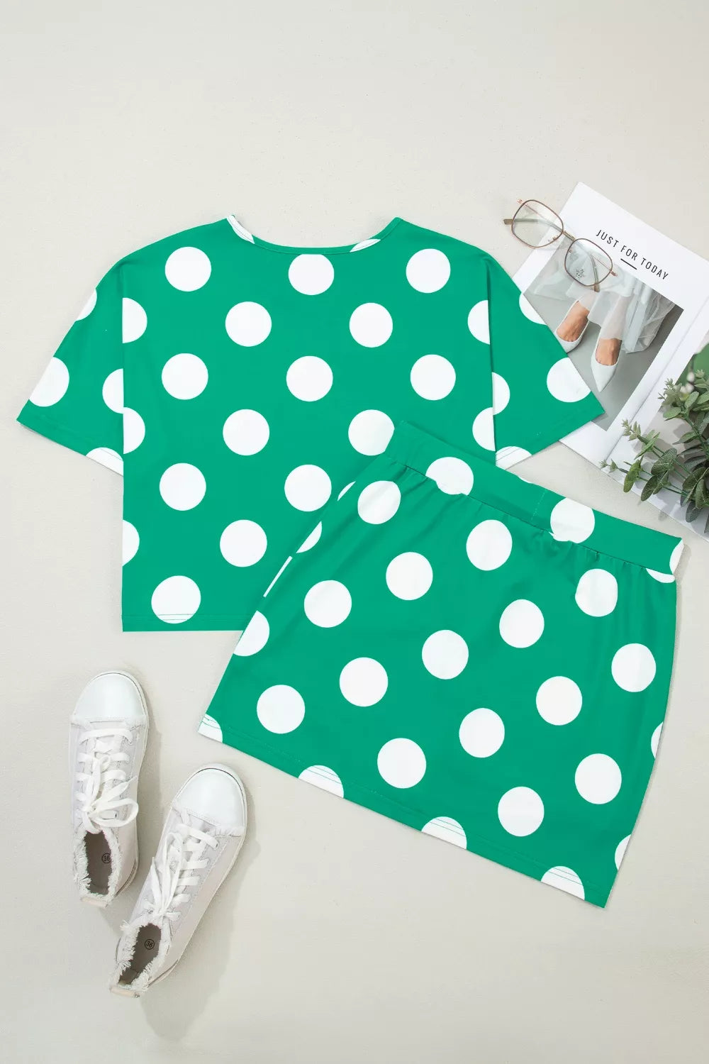 Polka Dot Print Cropped Tee Bodycon Skort 2pcs Set