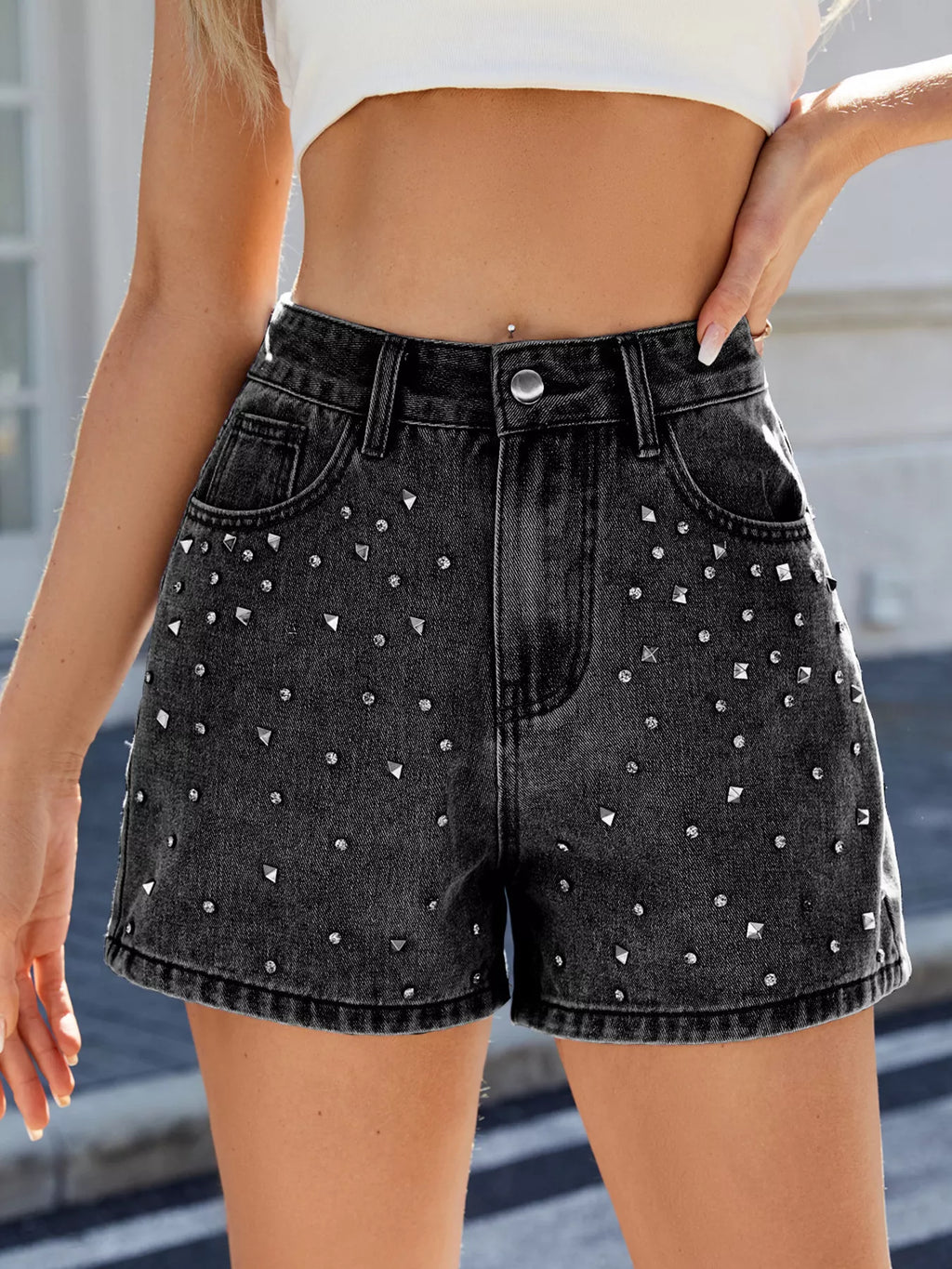 Studded High Waist Denim Shorts