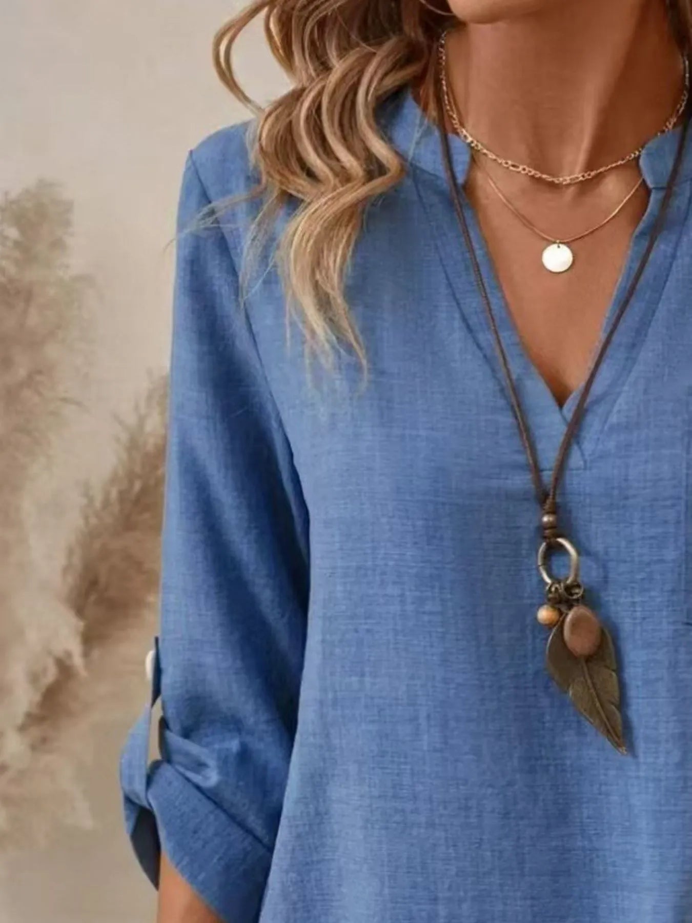 Casual Notched Roll-Up Sleeve Pocket Blouse