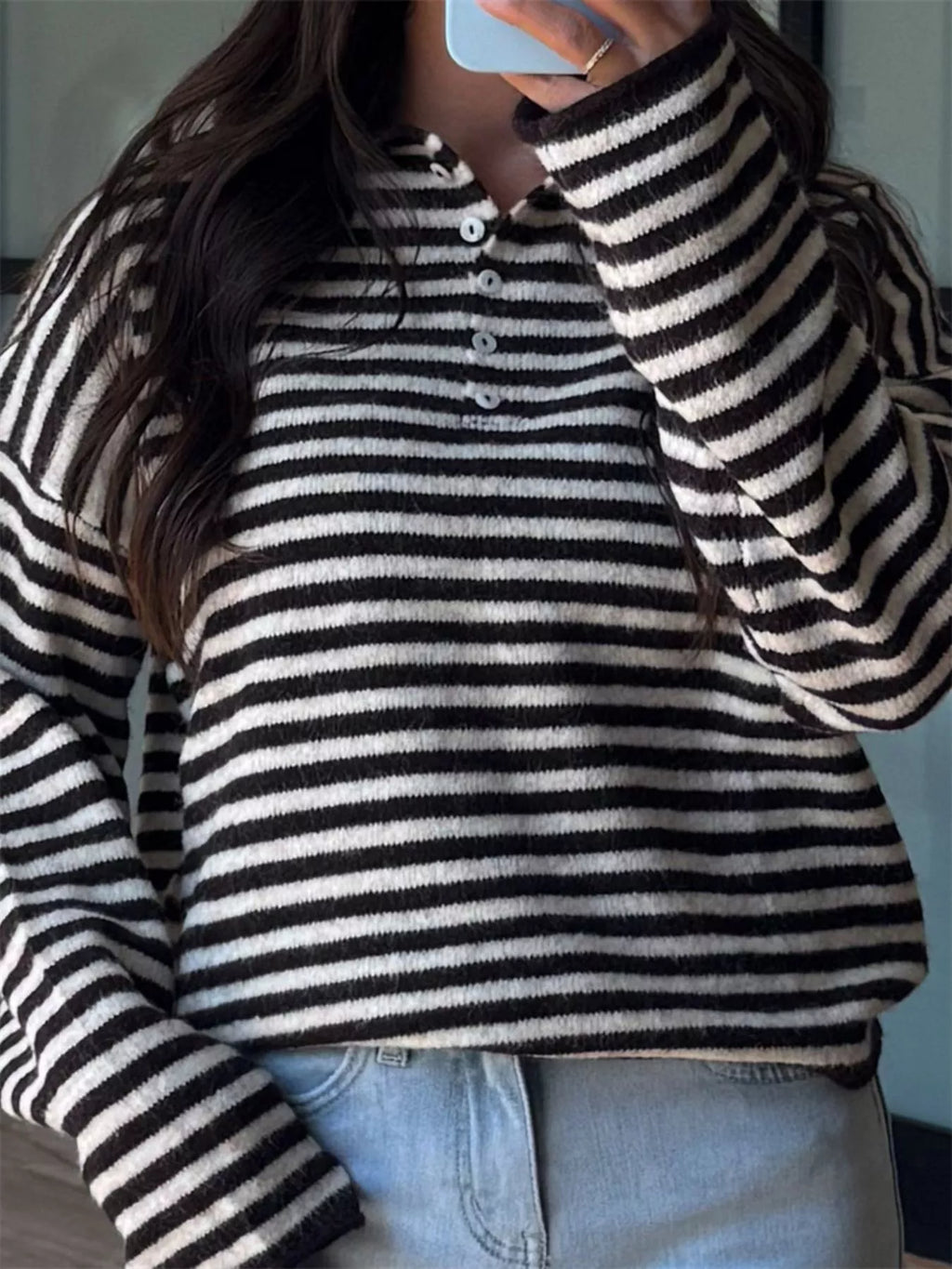 Button Detail Dropped Shoulder Striped Sweater