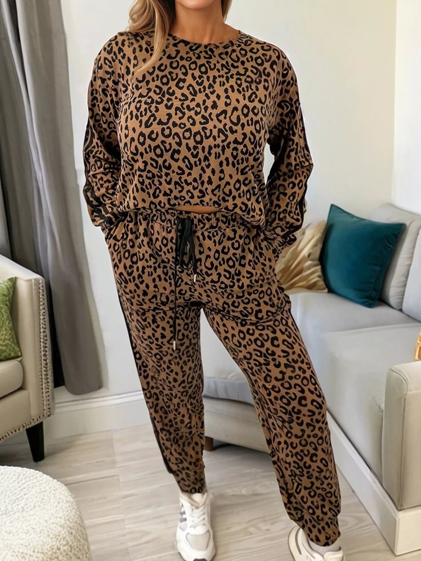 Striped Trim Leopard Long Sleeve Top Drawstring Pant Set