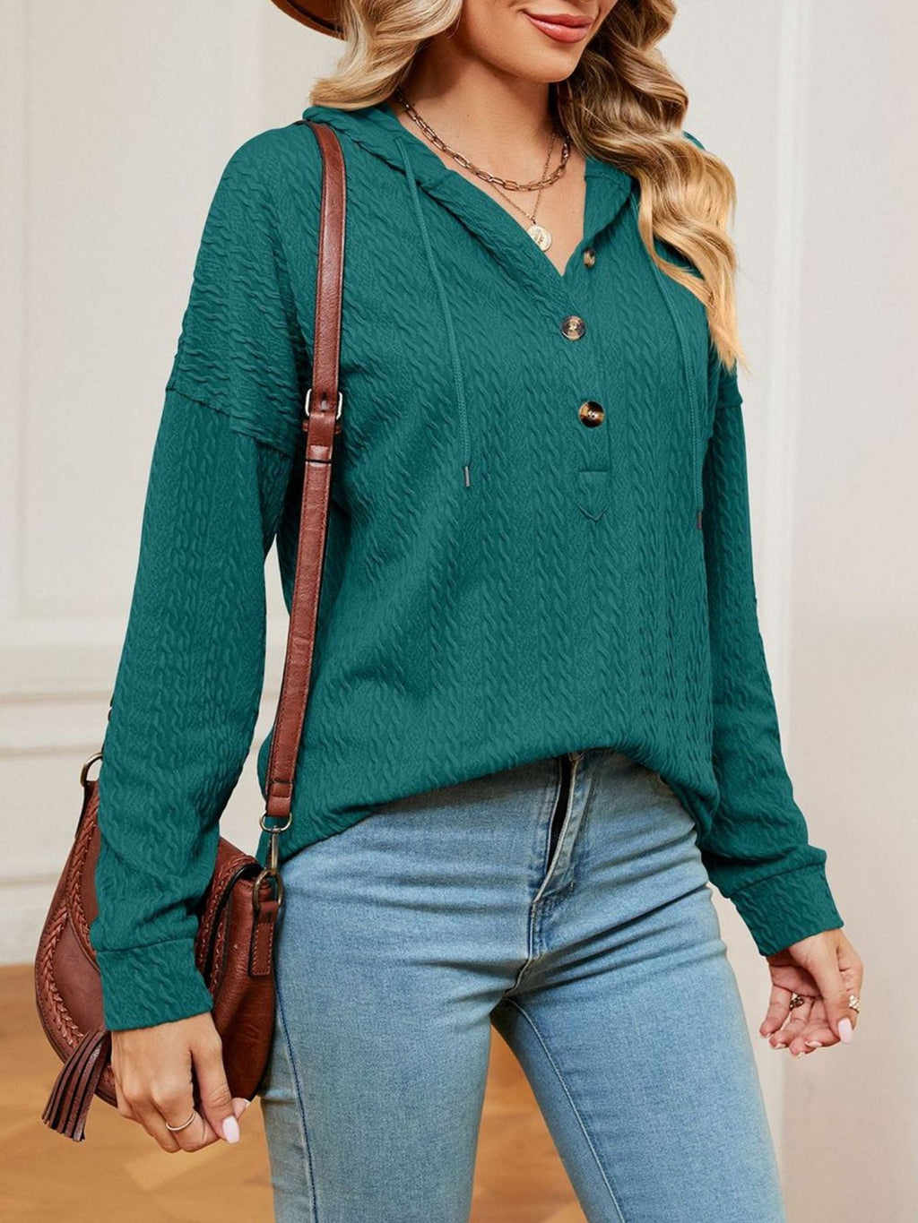 Textured Knit Button Detail Hoodie