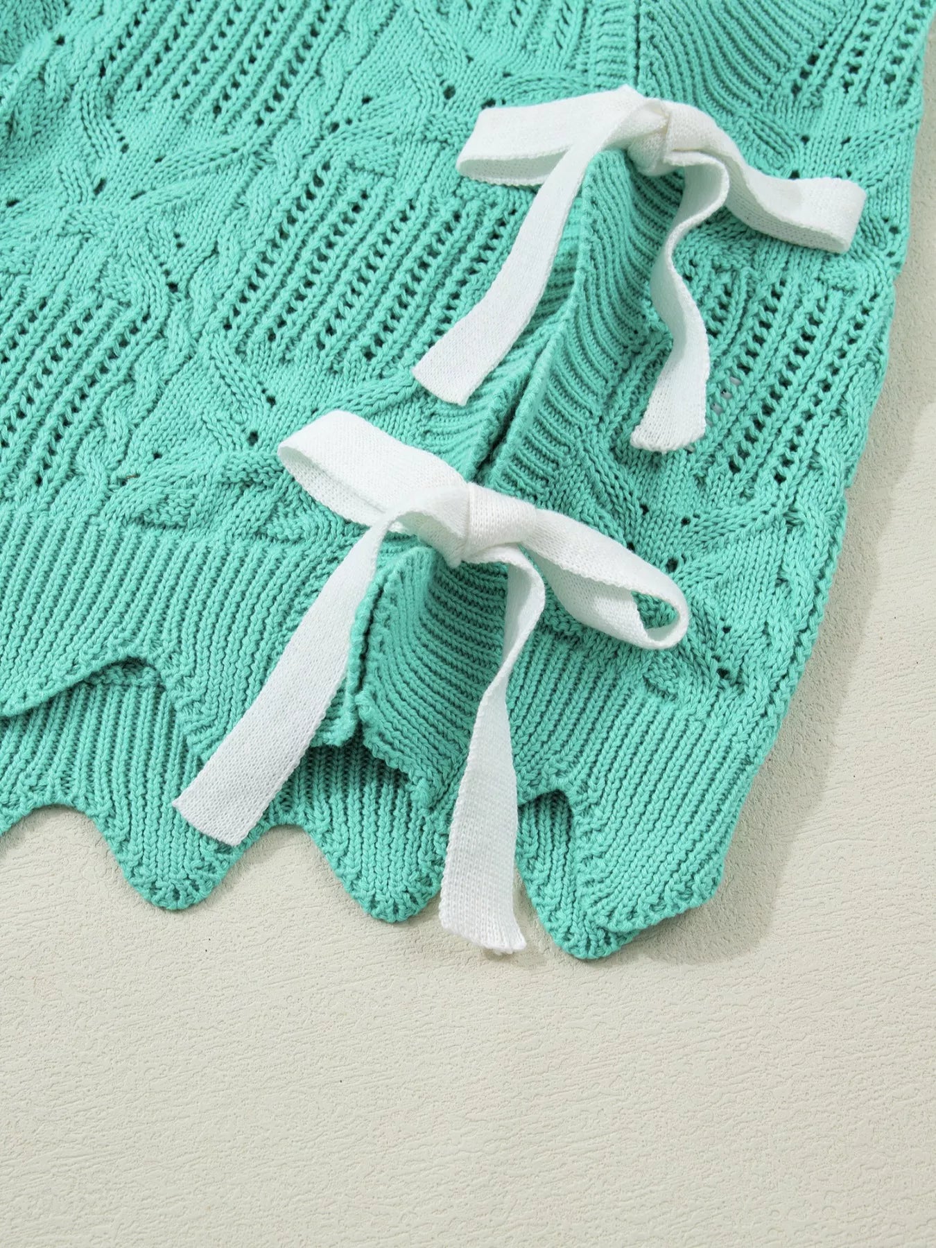 Pointelle Knit Patterned Scalloped Trim Short Sleeve Sweater