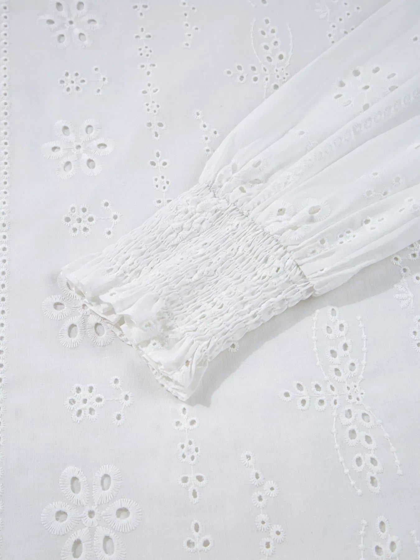 Eyelet Embroidered Smocked Cuff Sheer Blouse