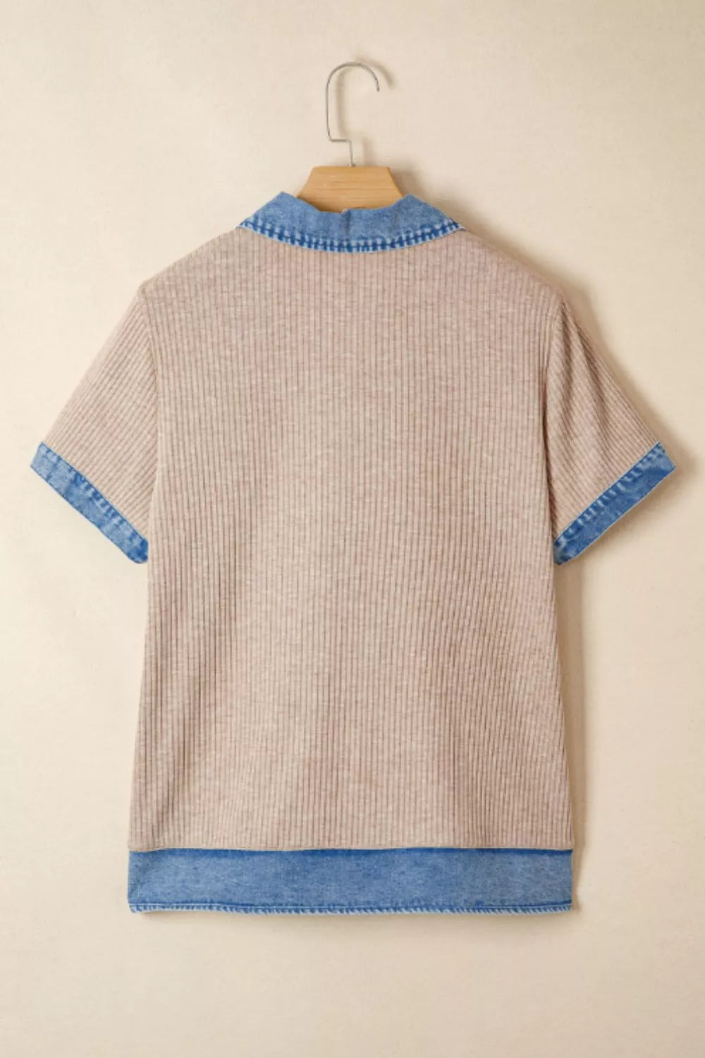 Ribbed Knit Contrast Denim Collar Top