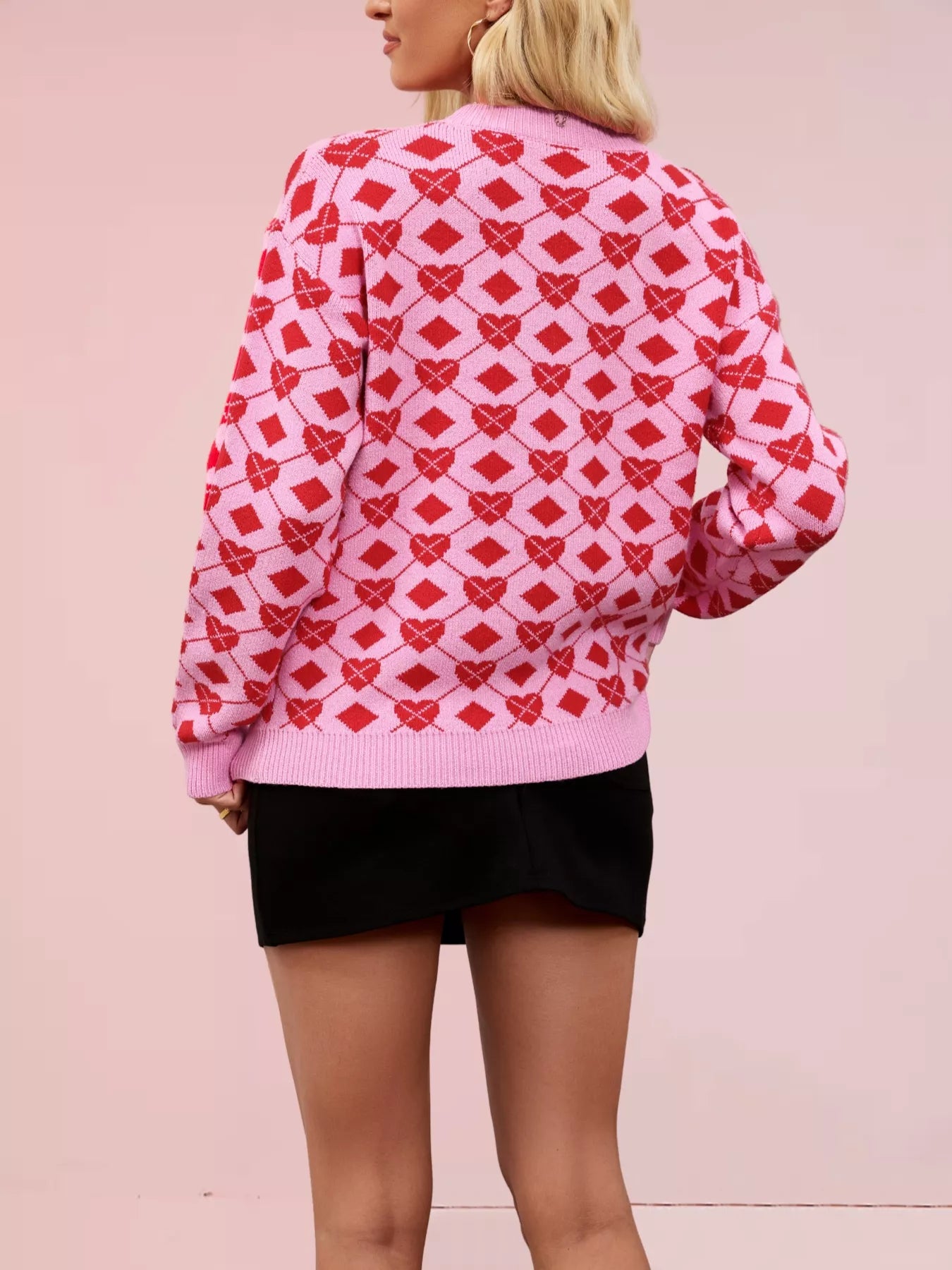 Heart & Diamond Pattern Long Sleeve Sweater
