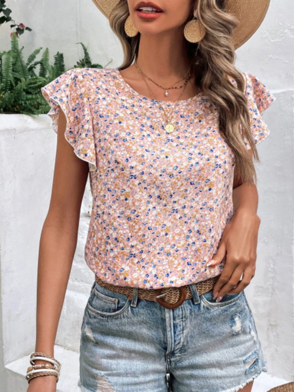 Floral Print Ruffle Sleeve Blouse