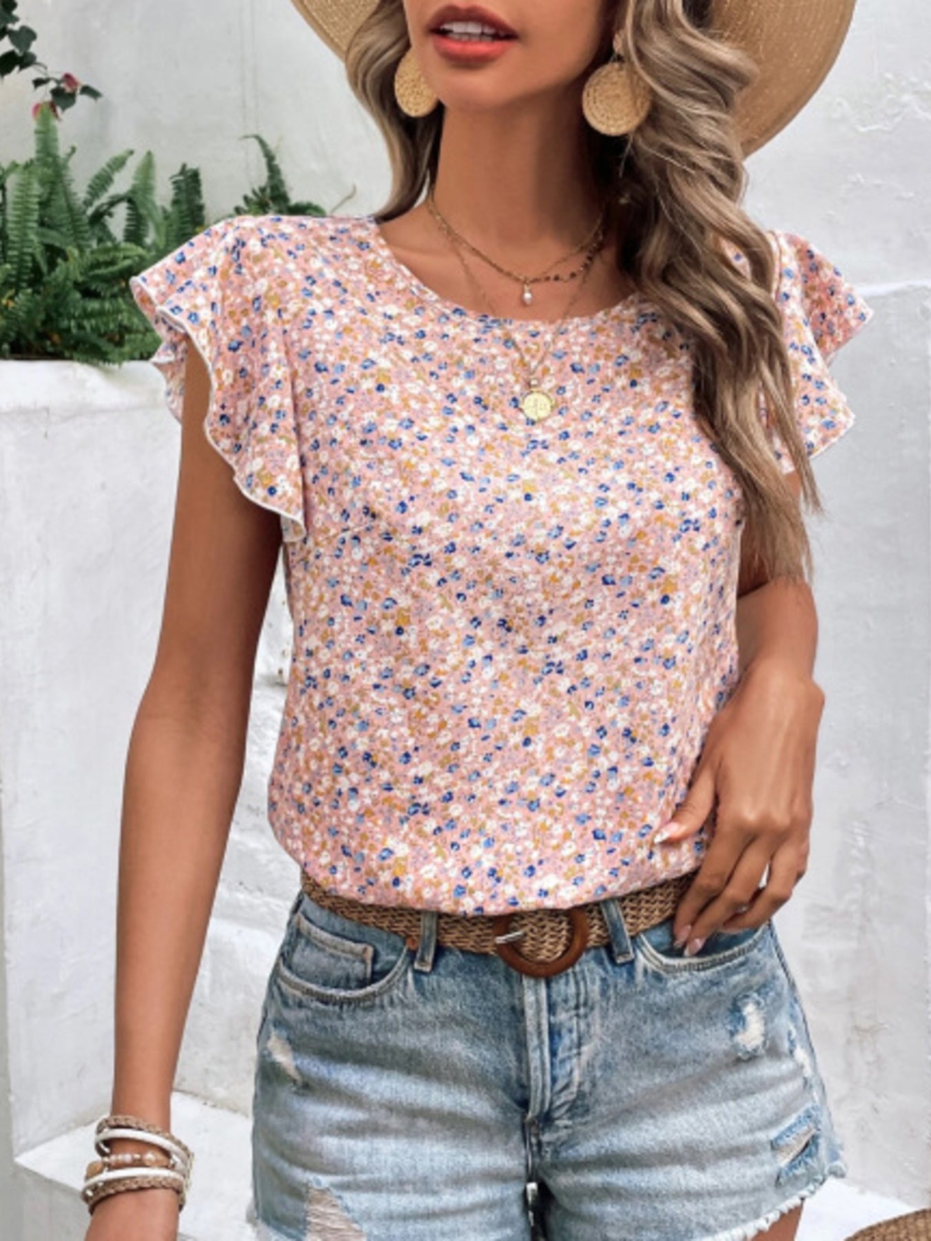 Floral Print Ruffle Sleeve Blouse