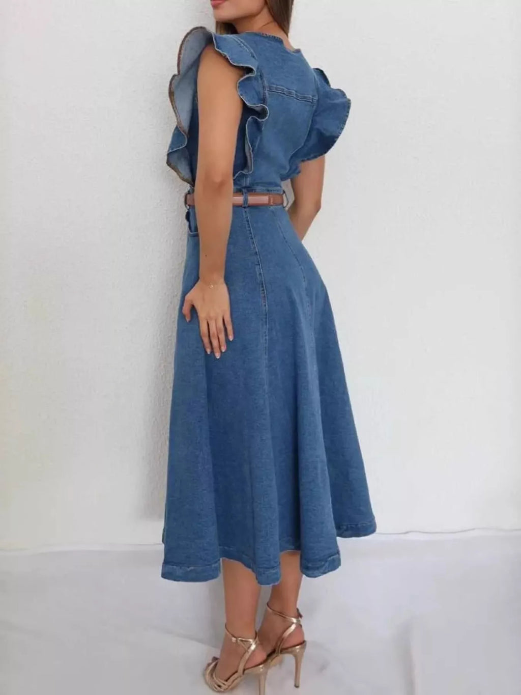 Ruffled Button Front Denim Dress