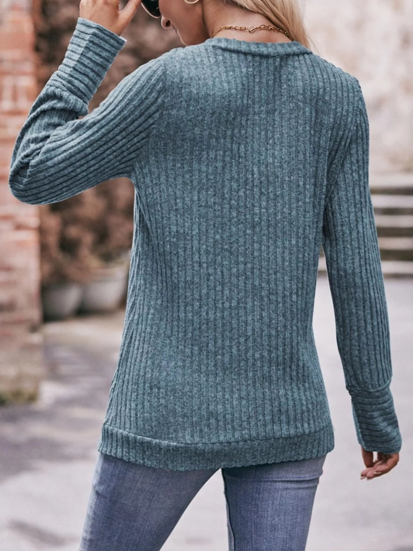 V-Neck Ribbed Knit Long Sleeve T-Shirt