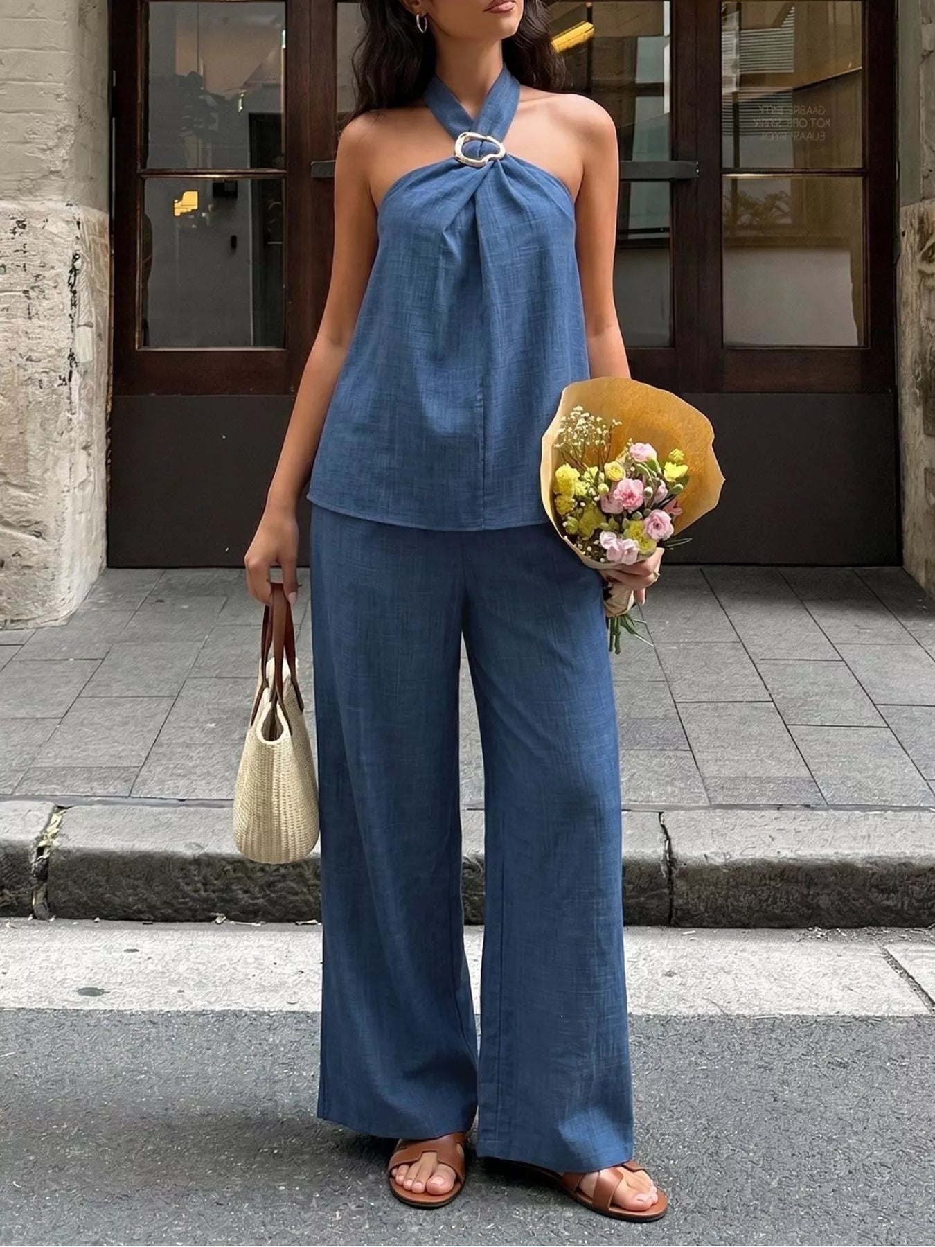 Halter Neck Top and Wide-Leg Pants Set