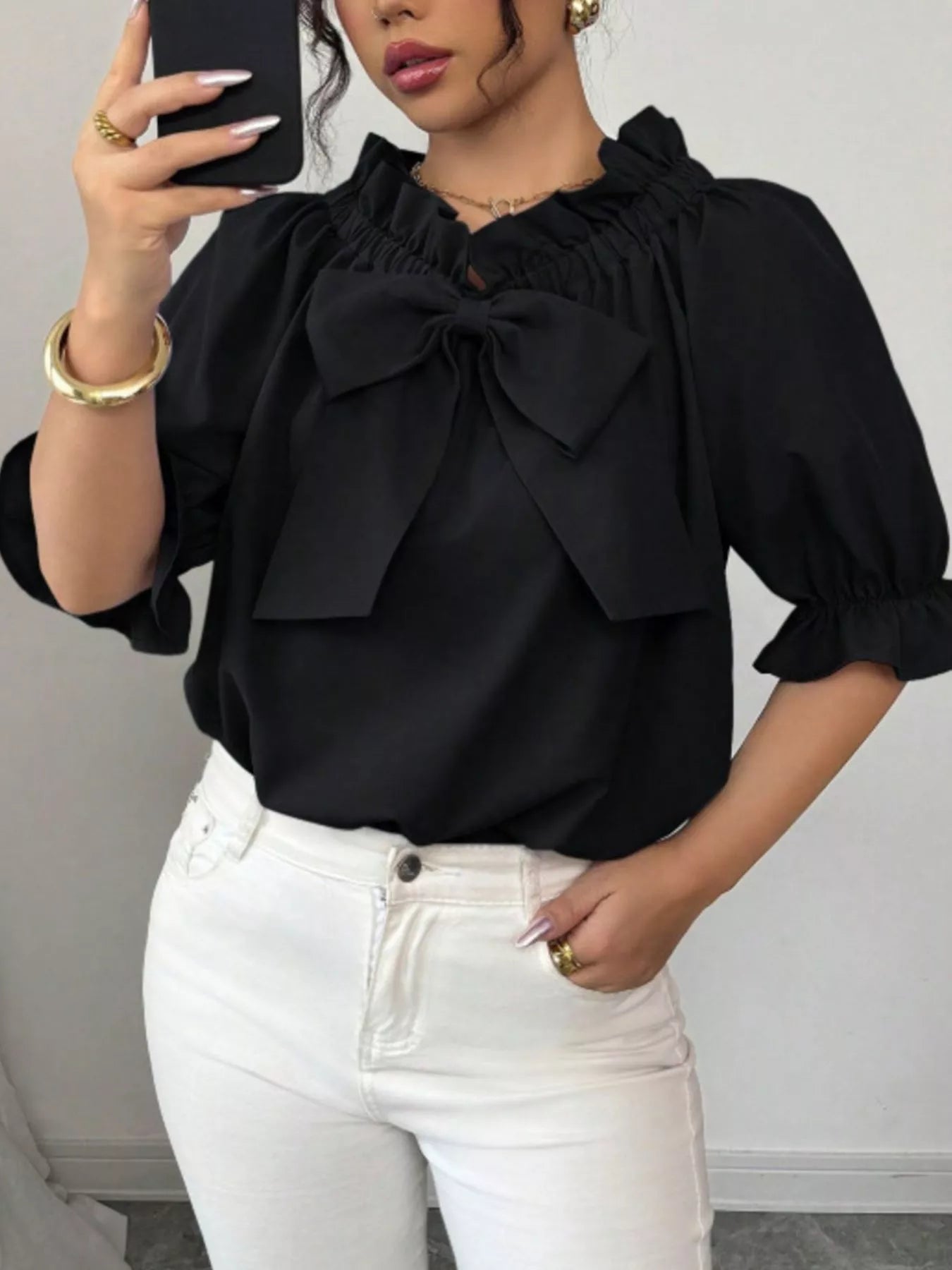 Bow Flounce Sleeve Blouse