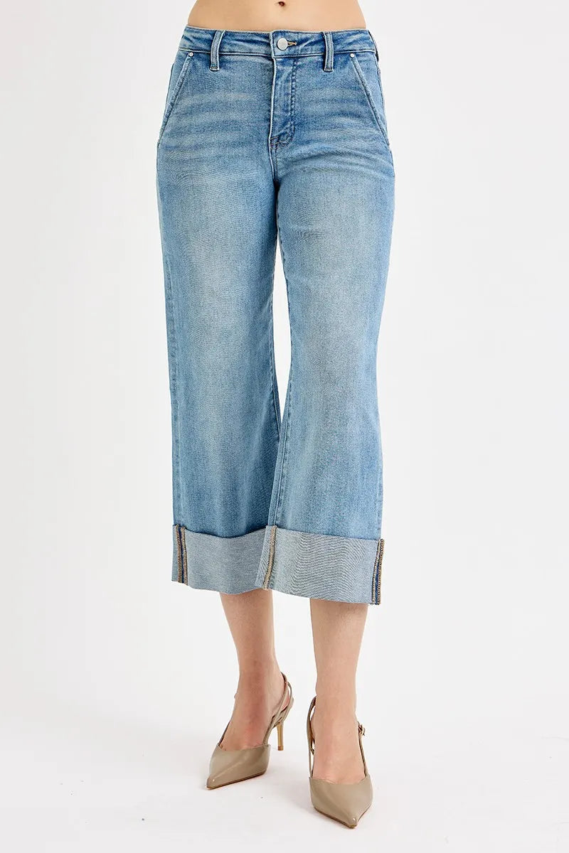 RISEN Full Size Tummy Control High Rise Ankle Wide Cuffed Jeans Plus Size