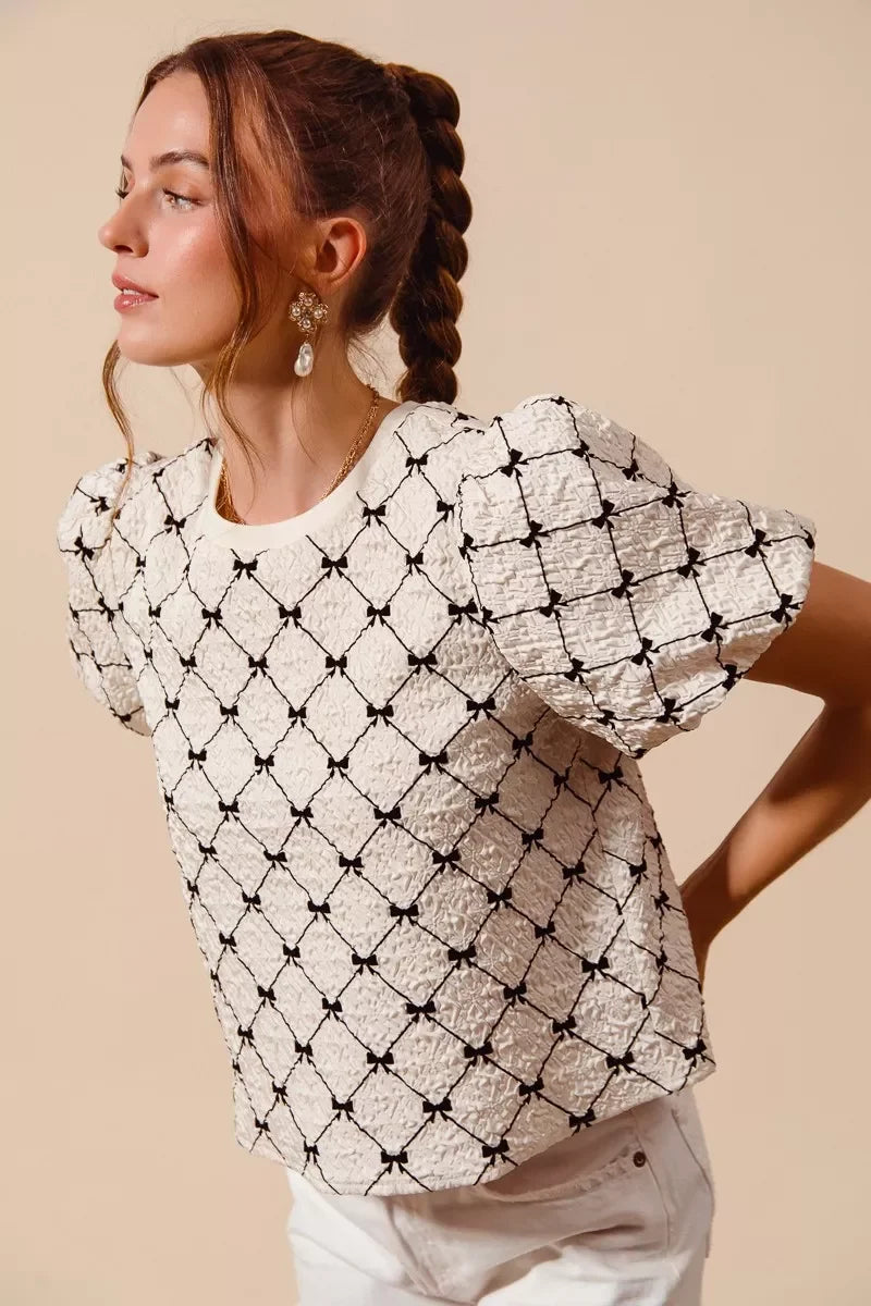 SO ME Bow Texture Woven Bubble Sleeve Top