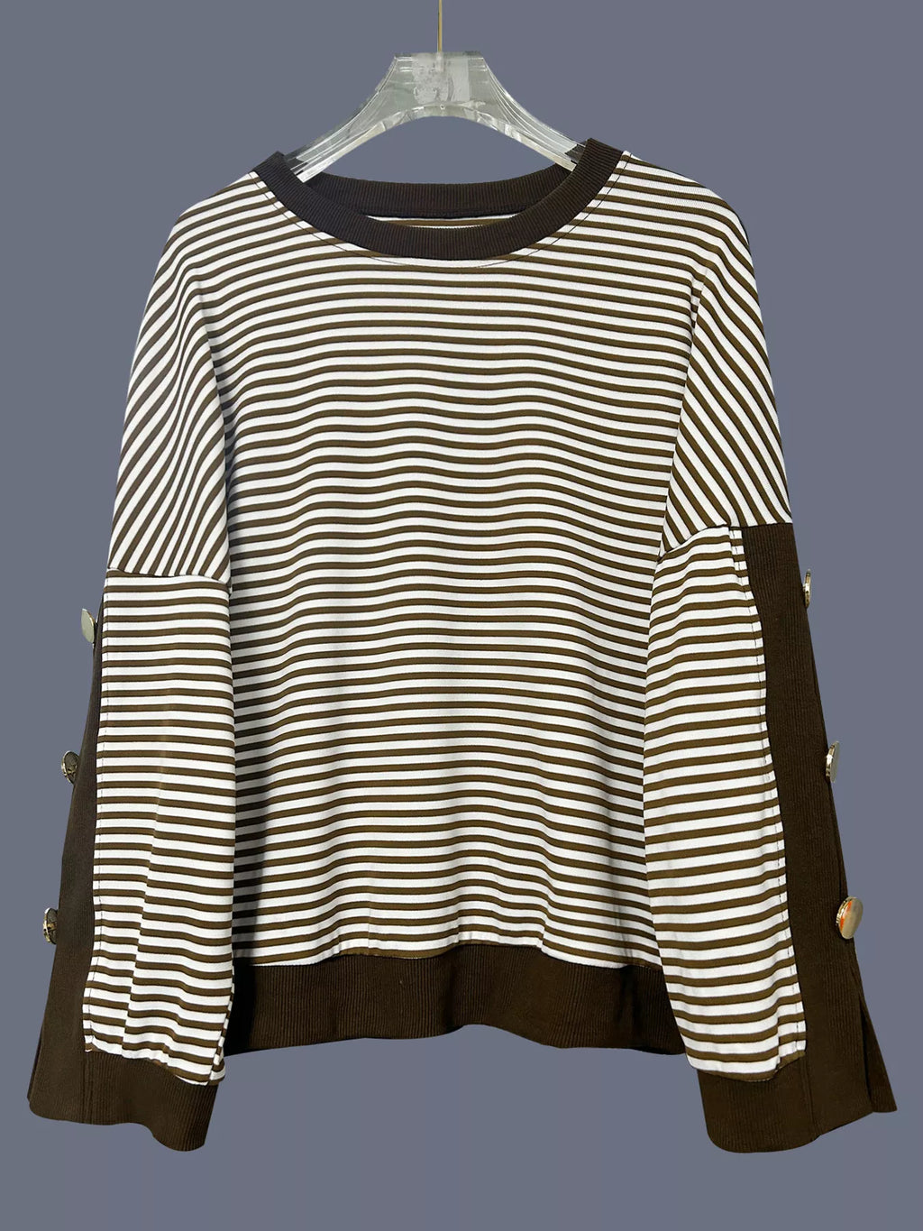 Striped Button Decor Dropped Shoulder Sweatshirt