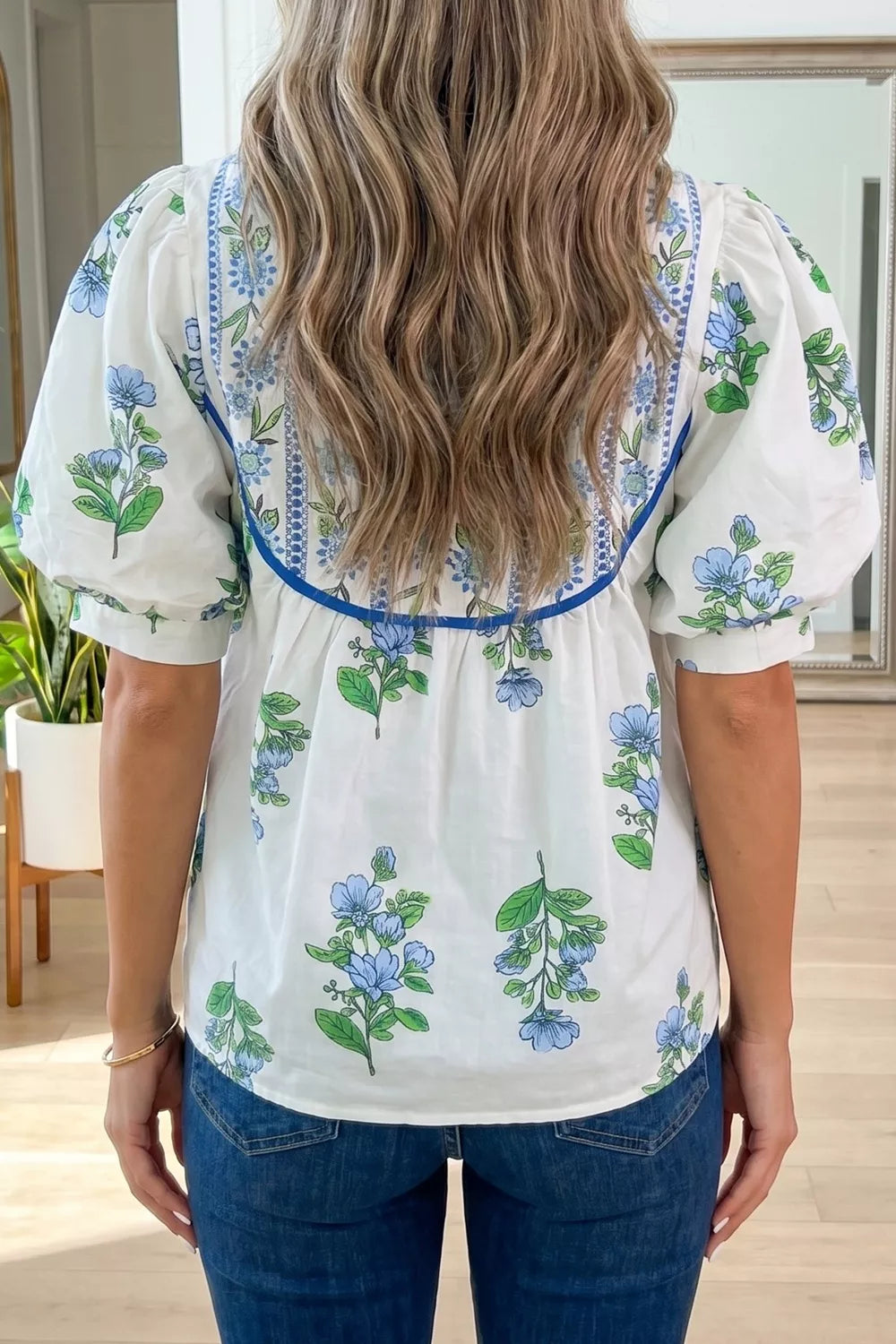 Floral Print Contrast Trim Tie Neck Blouse