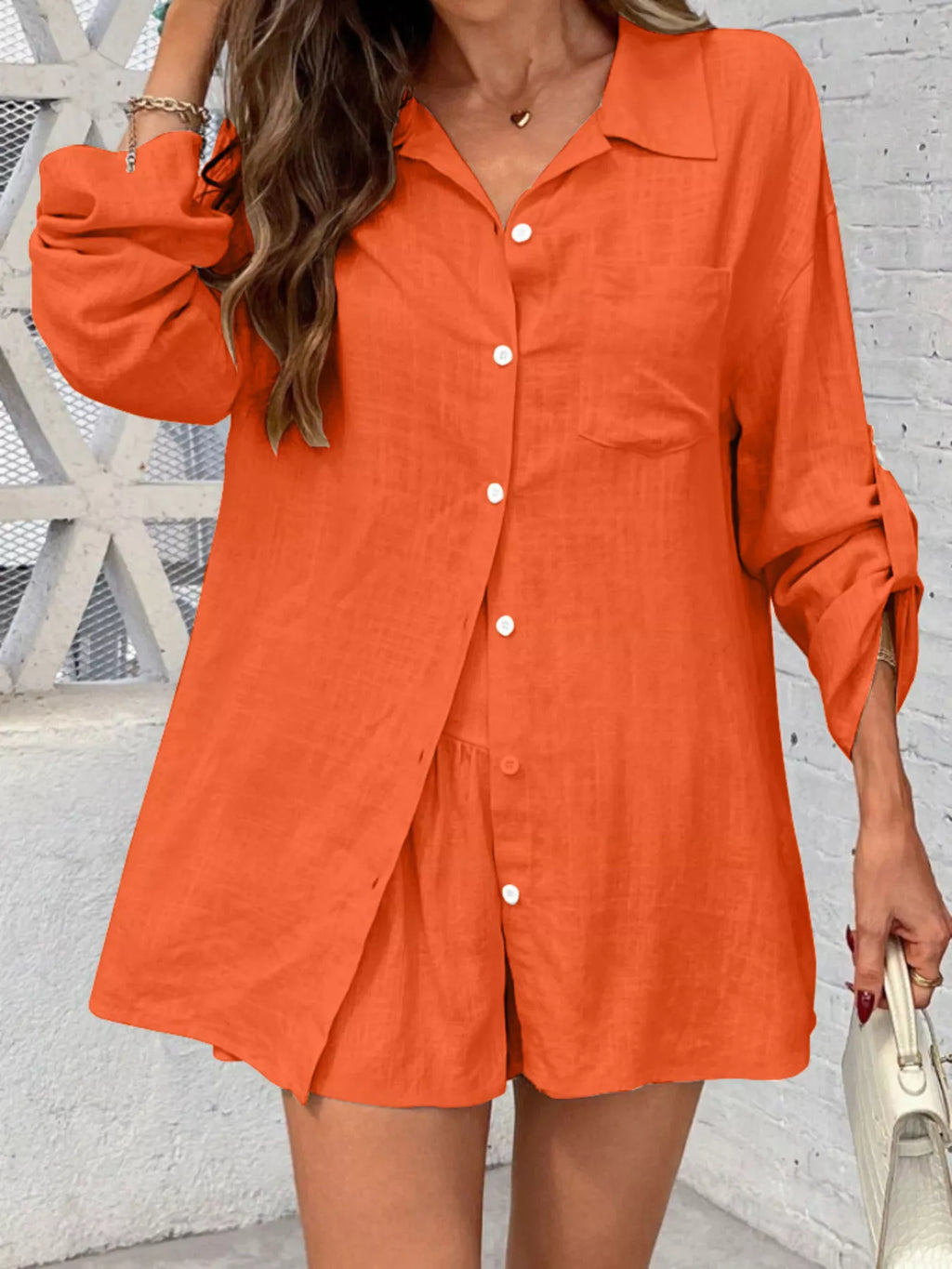 Button Up Roll-Up Sleeve Shirt and Shorts Set