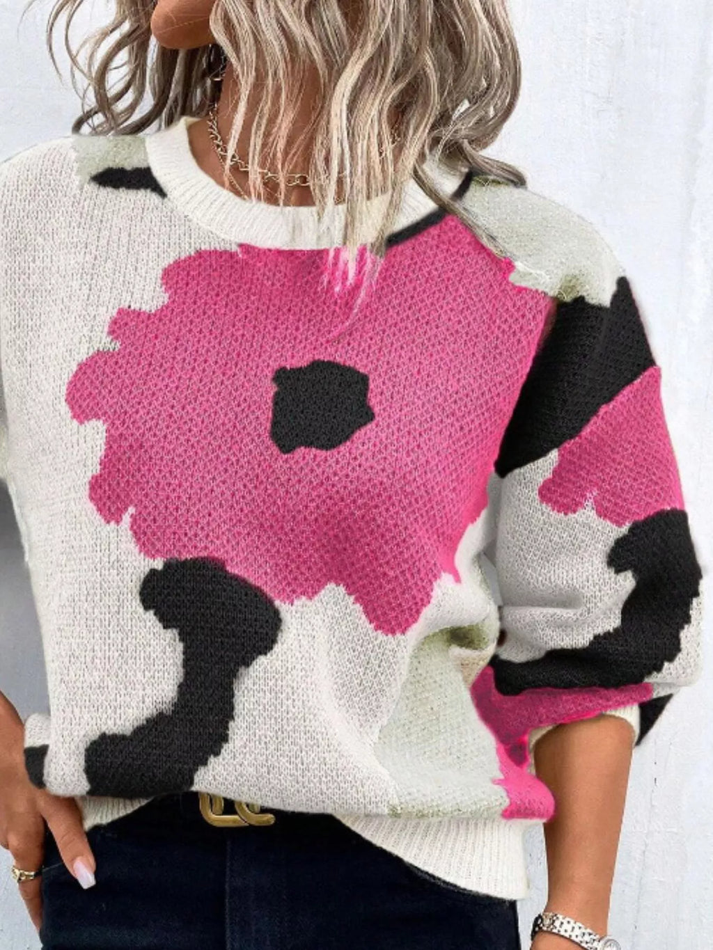 Floral Pattern Round Neck Sweater