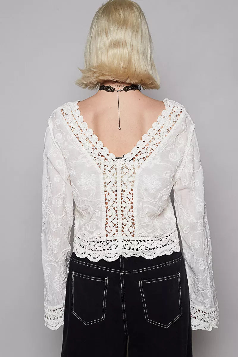POL Long Sleeve Cropped Crochet Top with Floral Embroidery Detail
