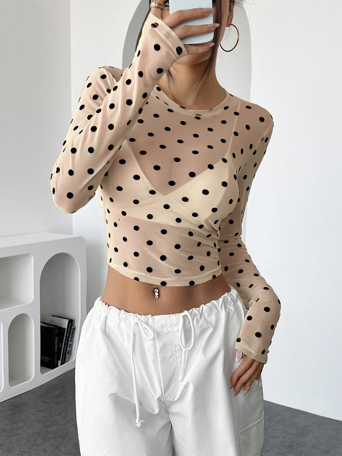 Polka Dot Mesh Long Sleeve Crop Top