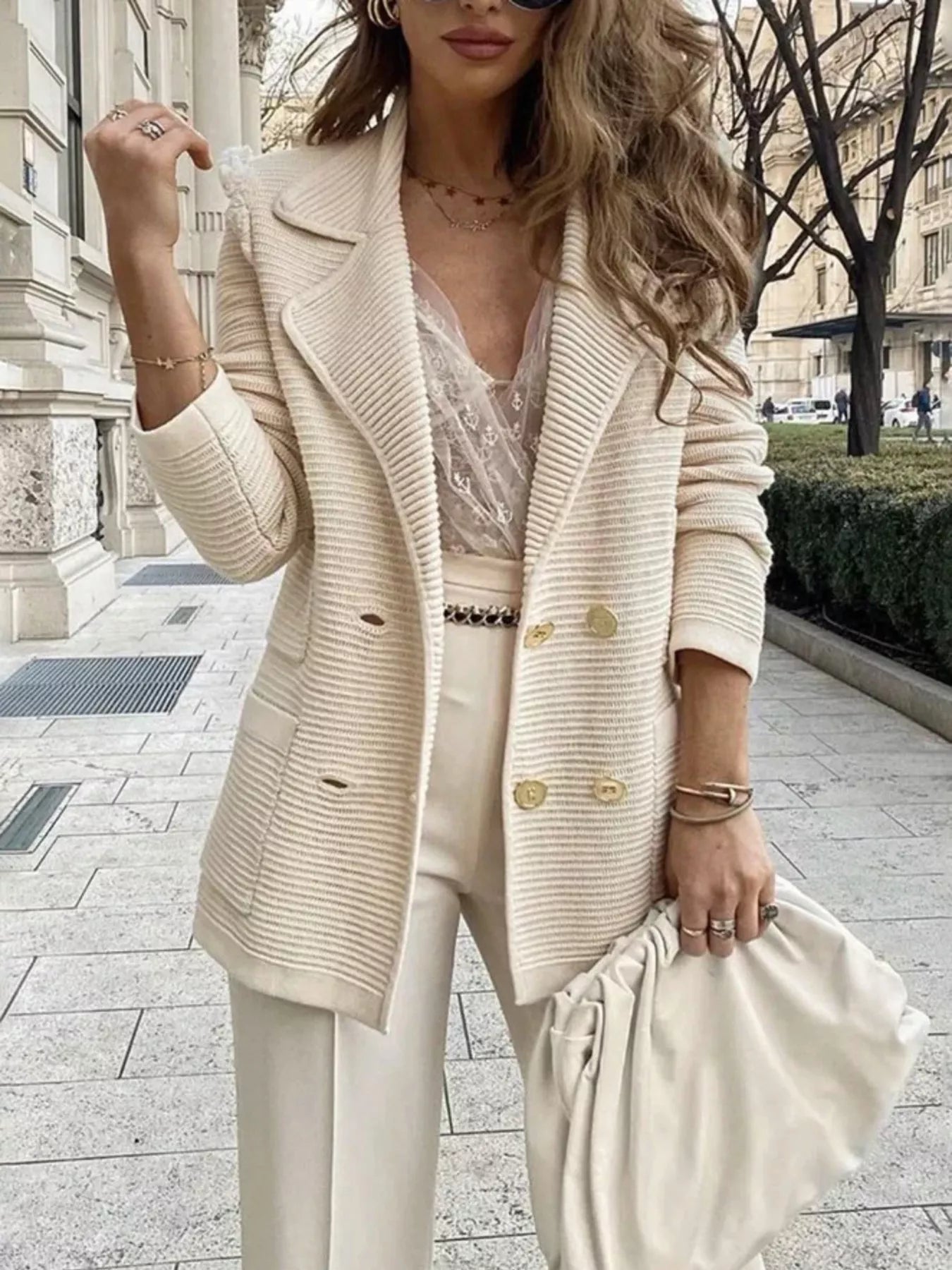 Texture Knit Double-Breasted Blazer